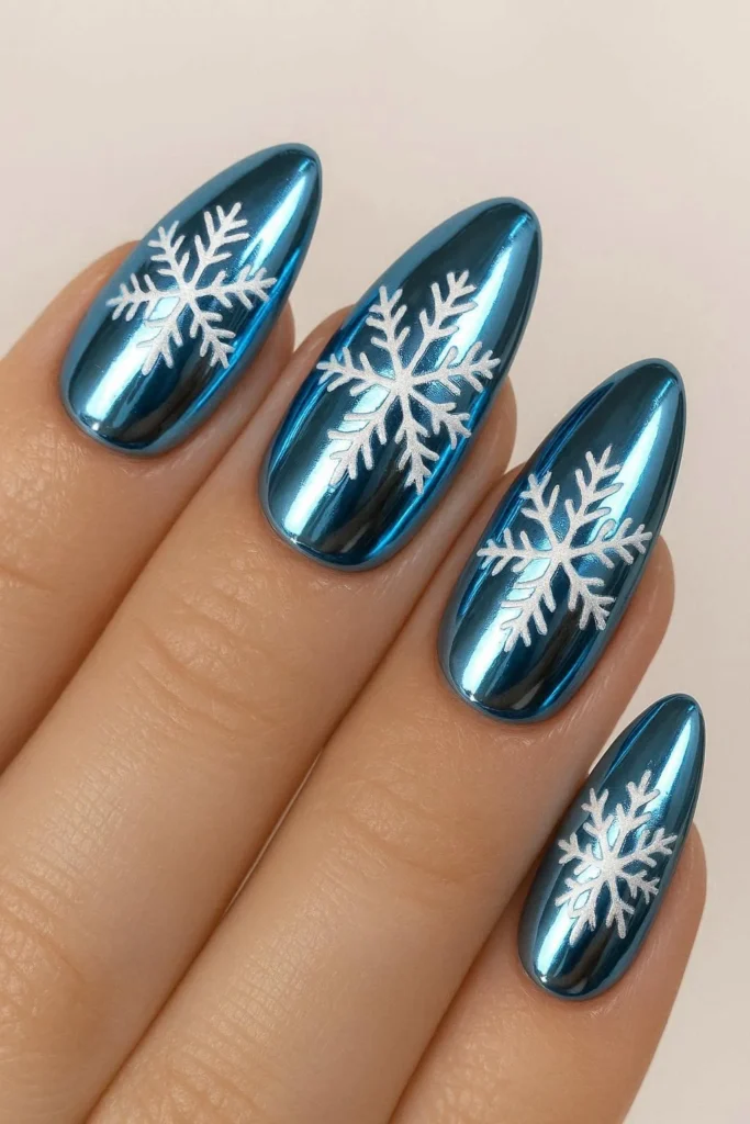 Blue chrome snowflake nail art reflective winter design