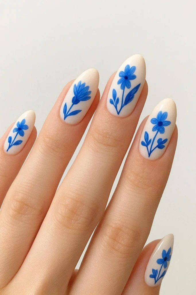 Blue floral nails with cornflower designs on crisp white base 