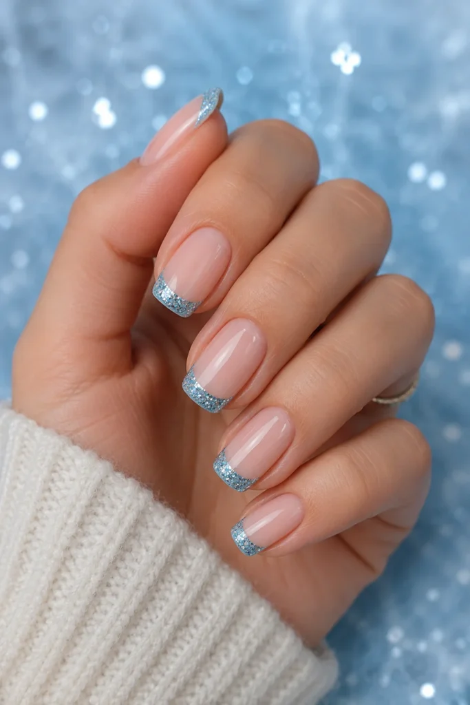 French tip nails with sparkling icy blue glitter accents