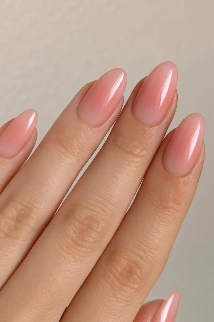 Blush ombre acrylic nails with soft pink gradient finish