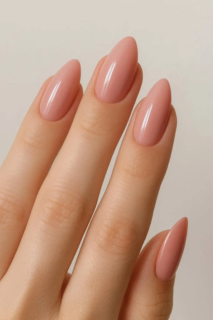 Blush pink almond shaped nails with glossy rosy finish