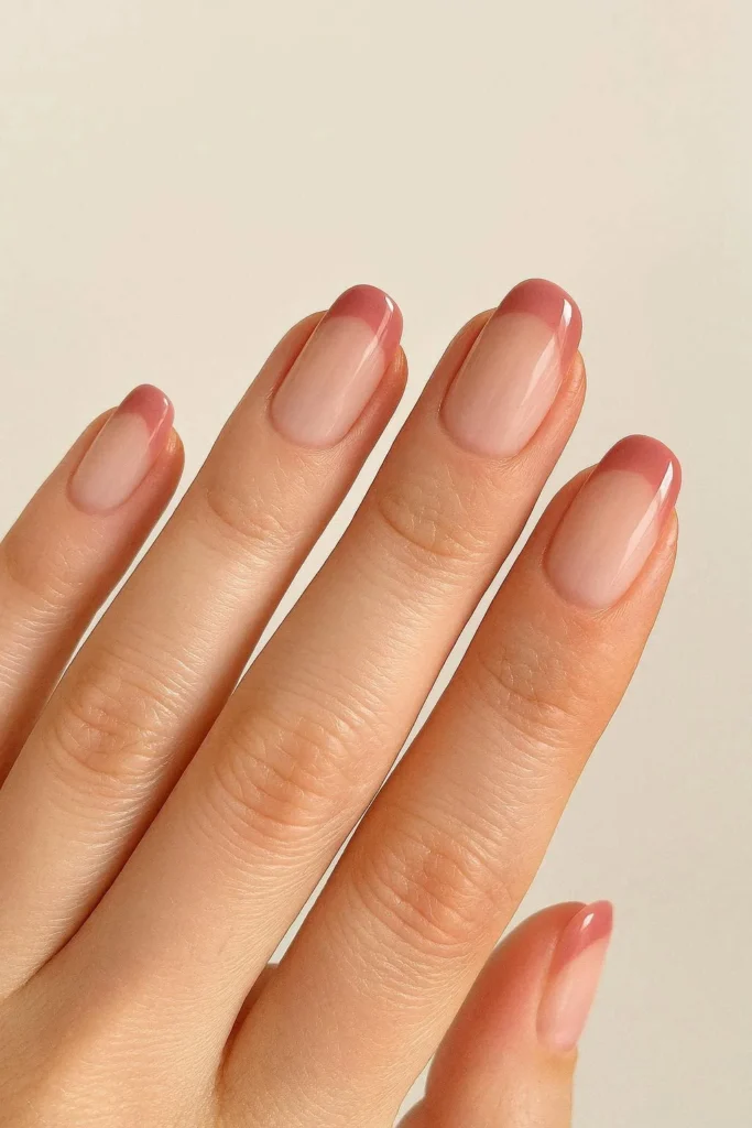 Blush pink French tip nails for a soft winter manicure
