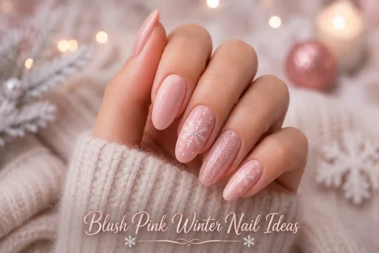 Blush pink winter nails with elegant snowflake nail art