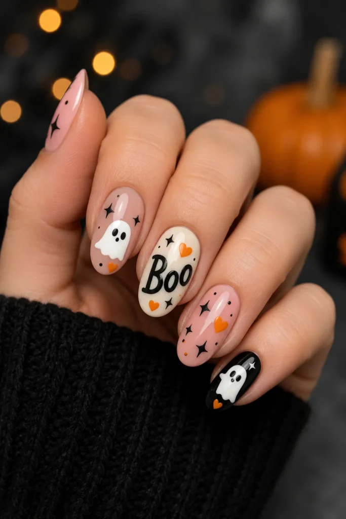 Boo lettering nails with ghost art and Halloween seasonal accents