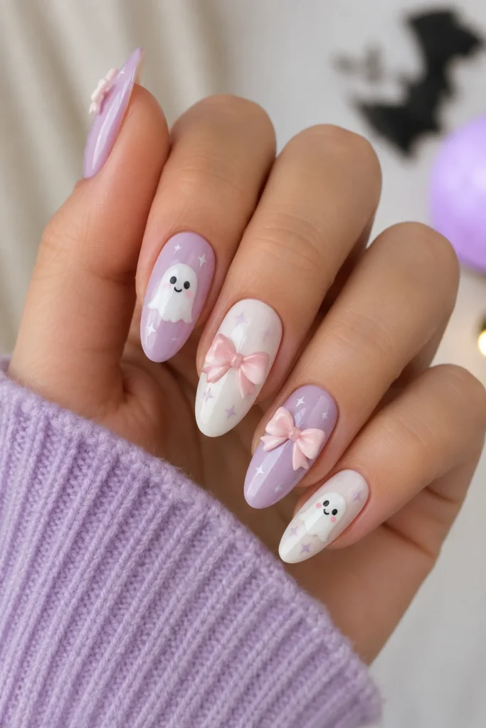 Bow and ghost nails with blush pink bows and smiling ghost art