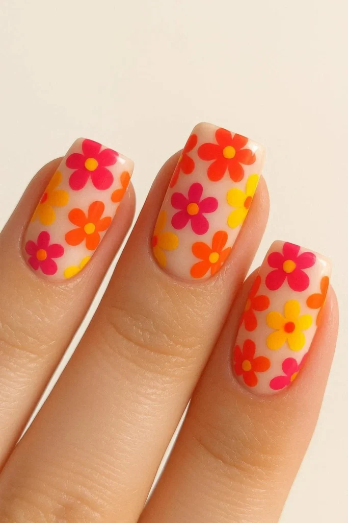 Bright spring flower nails in coral fuchsia and yellow shades 