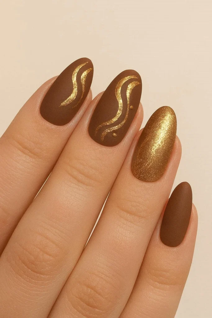 Warm brown and gold retro nail design vintage inspired look