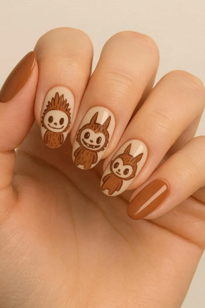 Brown Labubu nails with warm caramel and cocoa tones 