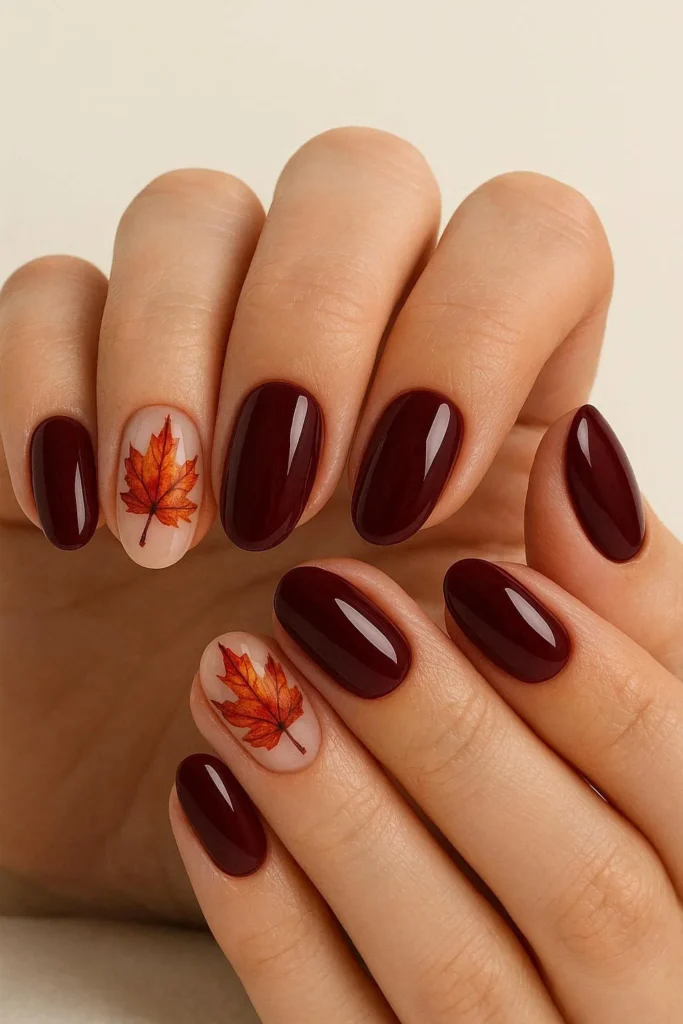Rich burgundy autumn nails with maple leaf details