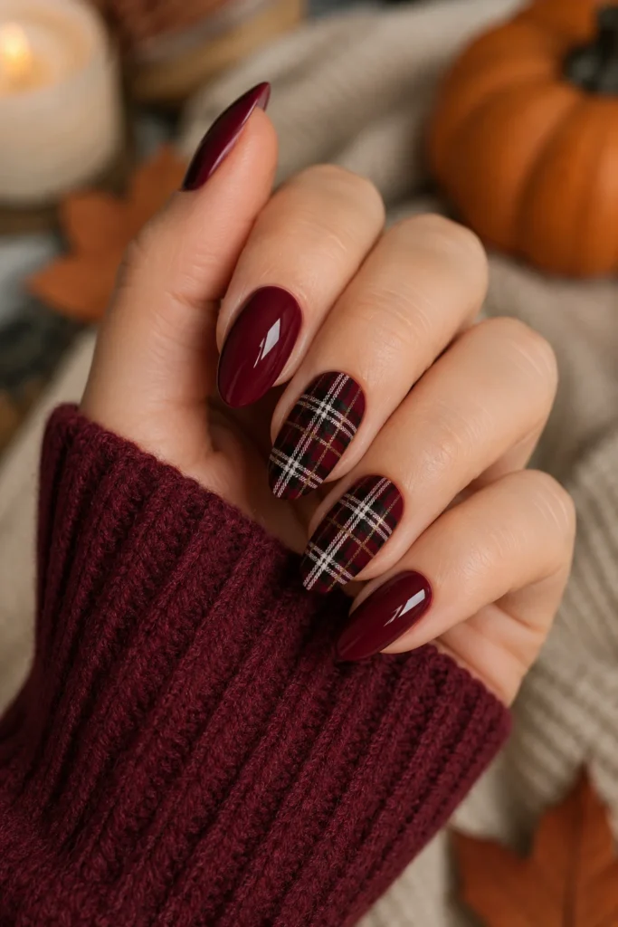Rich burgundy plaid nails for a stylish fall look