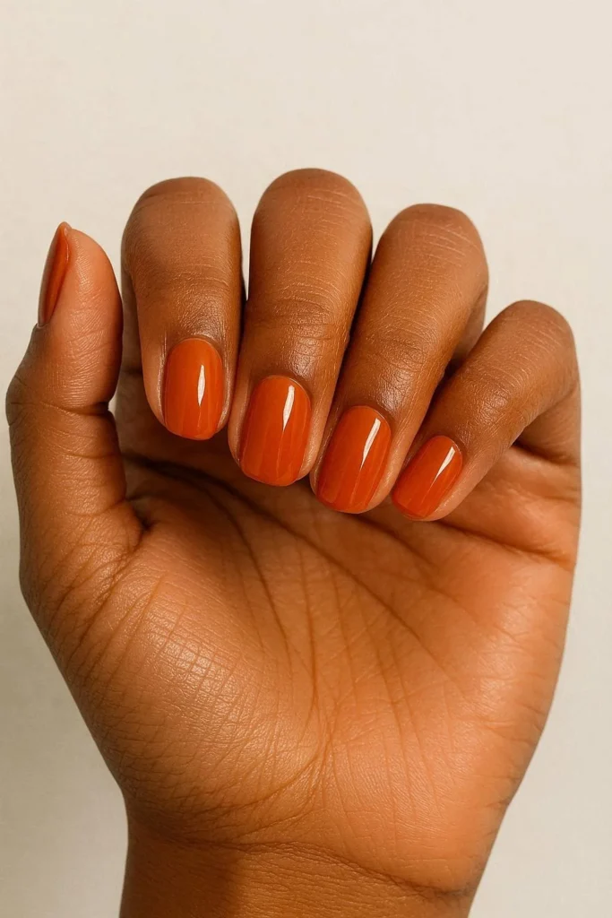 Burnt orange fall nails against deep melanin skin 