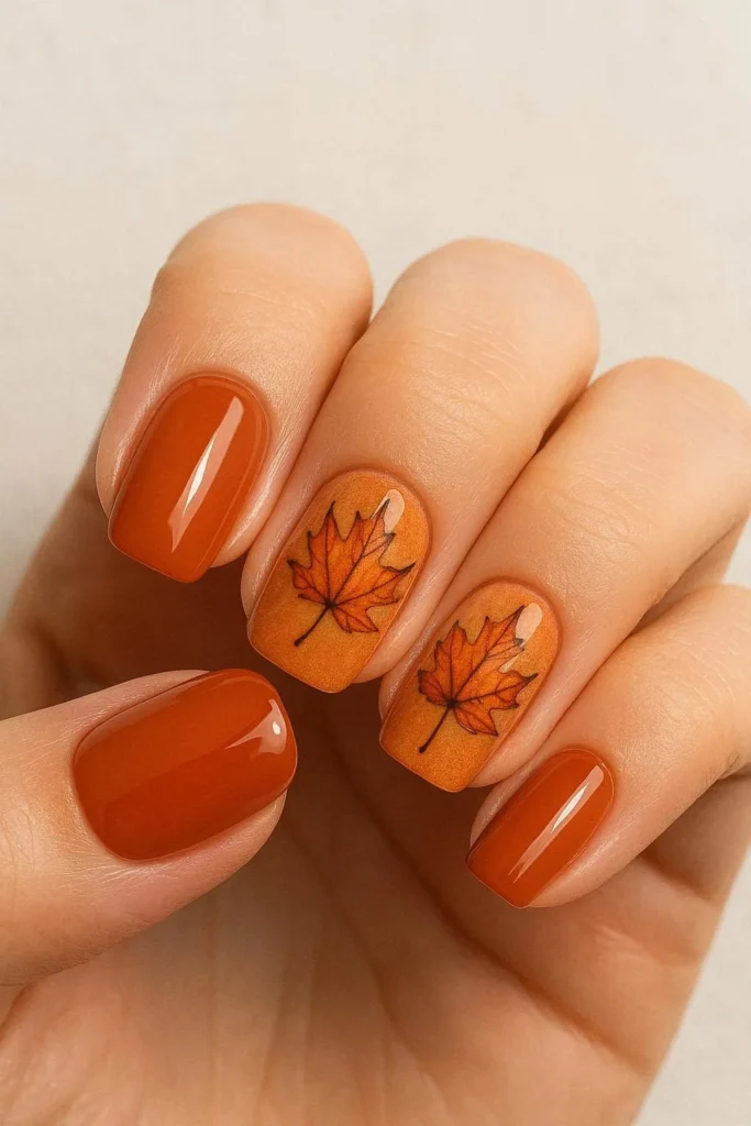 Warm burnt orange autumn maple leaf nail design
