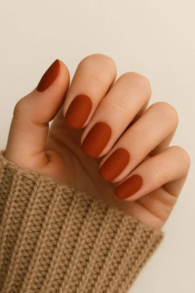 Burnt orange matte nails with velvety velvet-like finish for fall