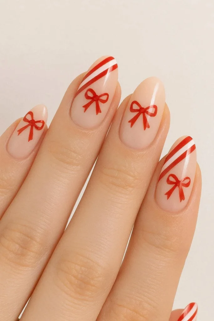 Candy cane nails with painted red bow details