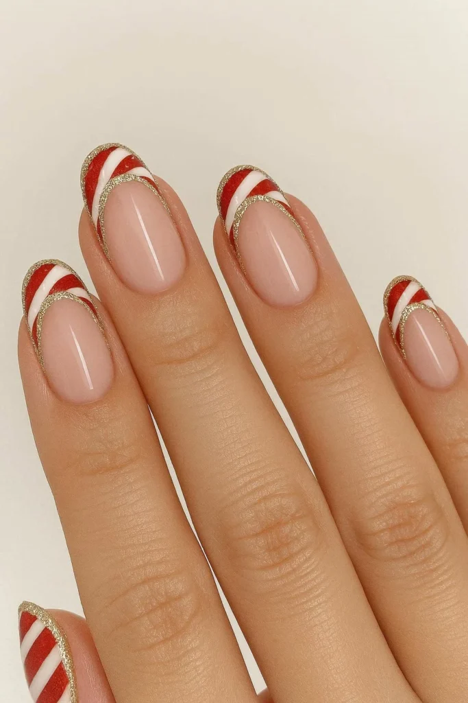 Candy cane French tips outlined with fine holiday glitter sparkle