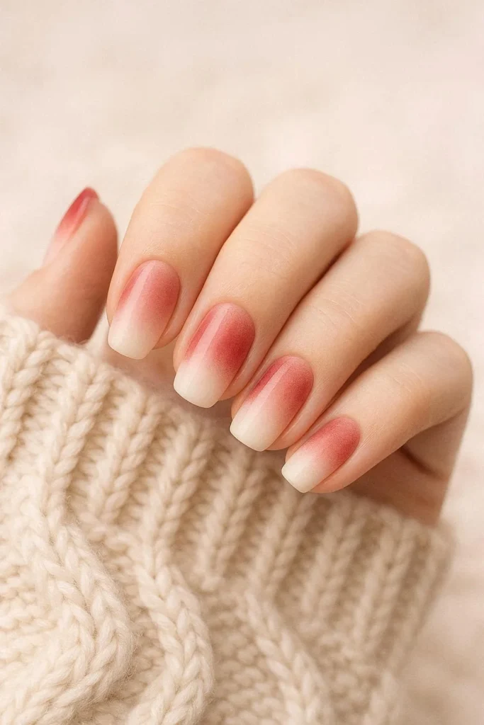 Red to white ombre nails with candy cane holiday flair