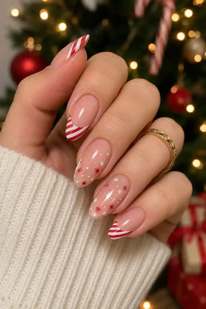 Candy cane French tip nails with tiny star accent nail design