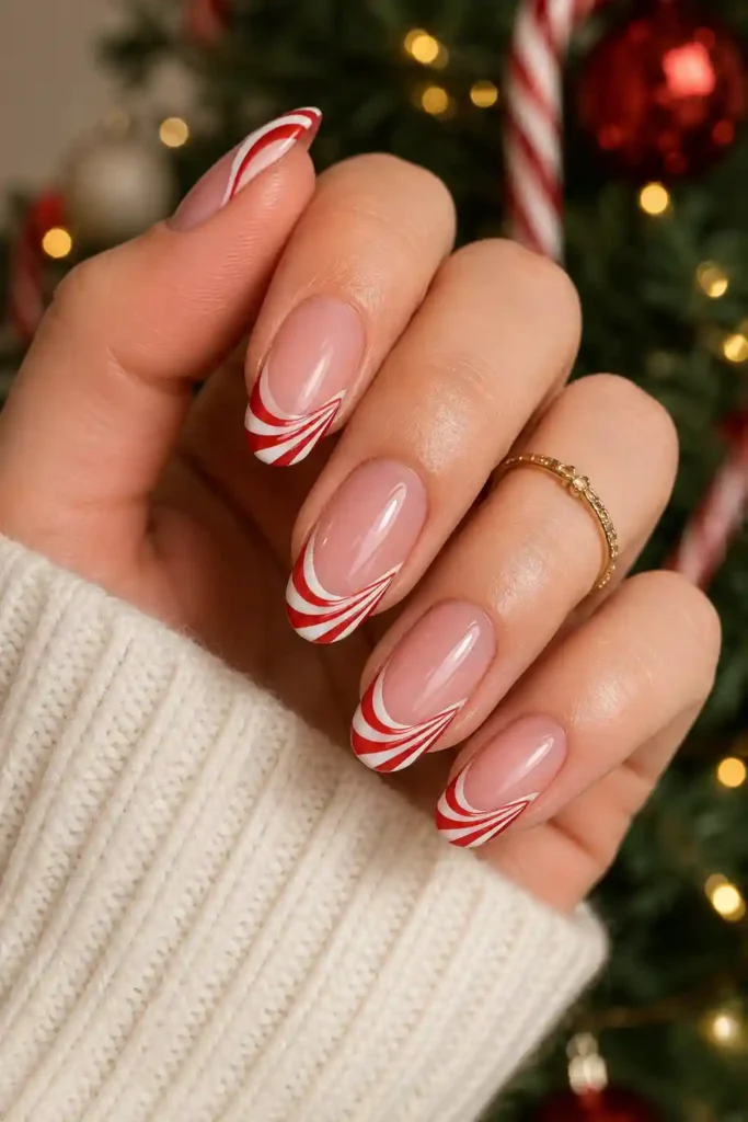 Candy cane swirl French tip nails artistic curved holiday design
