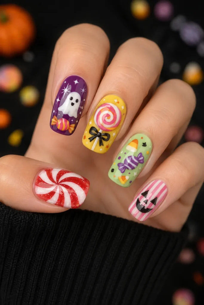 Candy color Halloween nails with lollipop and swirl nail art