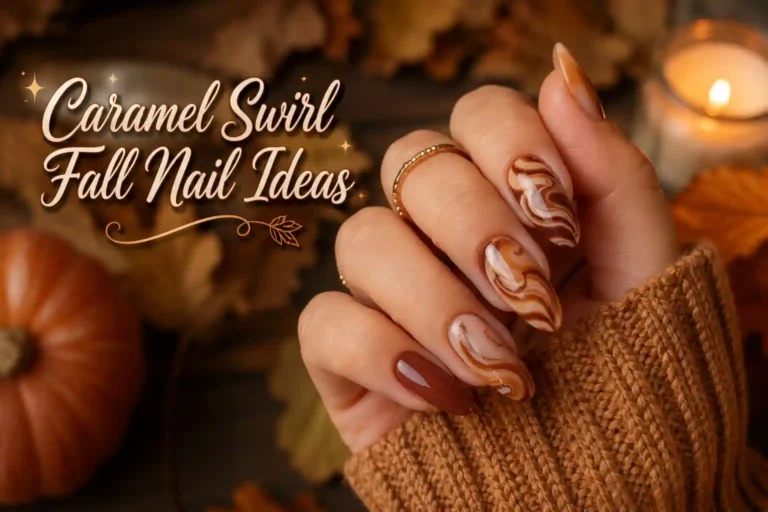 Elegant caramel swirl fall nail ideas with cozy autumn-inspired almond nails in soft beige and creamy caramel tones.