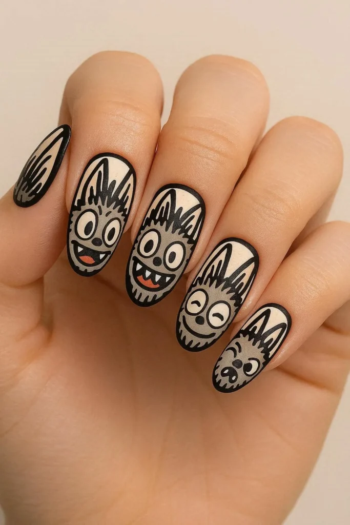 Cartoon Labubu nails with bold outlines and comic style art 