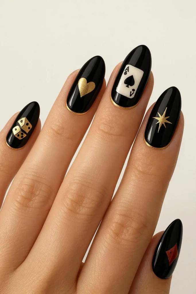 Casino night nails black and gold Las Vegas inspired design