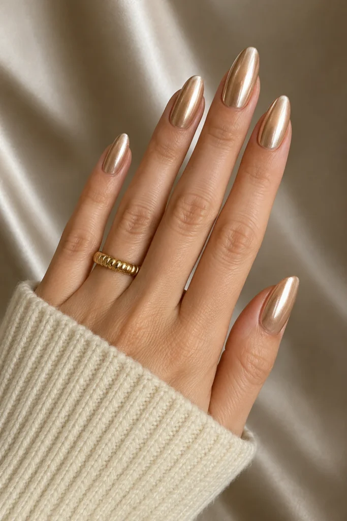 Champagne chrome almond nails elegant golden beige metallic finish