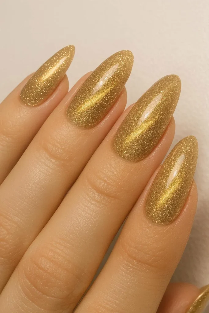  Champagne glitter cat eye nails with golden shimmer
