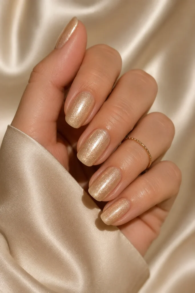 Soft champagne gold shimmer polish on elegant nails
