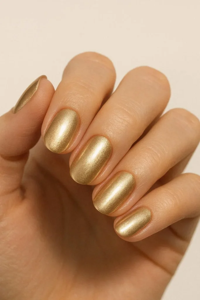 Elegant champagne gold metallic nails with glossy finish