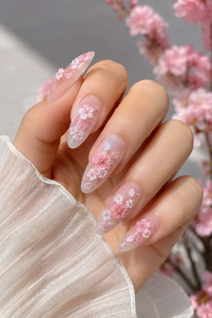 Cherry blossom 3D nails with soft pink raised petal floral design