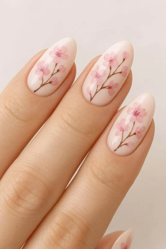 Cherry blossom nails with soft pink petals on white base