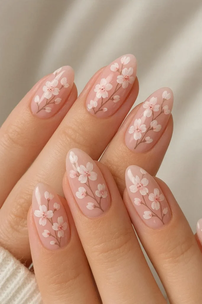 Cherry blossom pink acrylic nails with hand-painted floral detail 