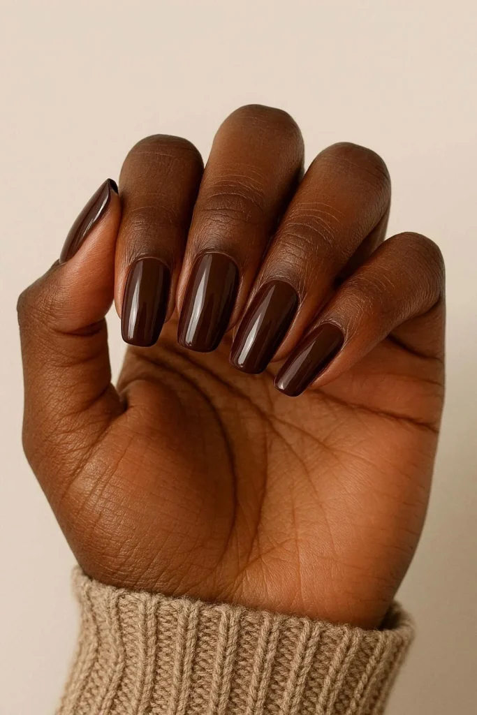 Chocolate brown fall nails on deep brown skin tones