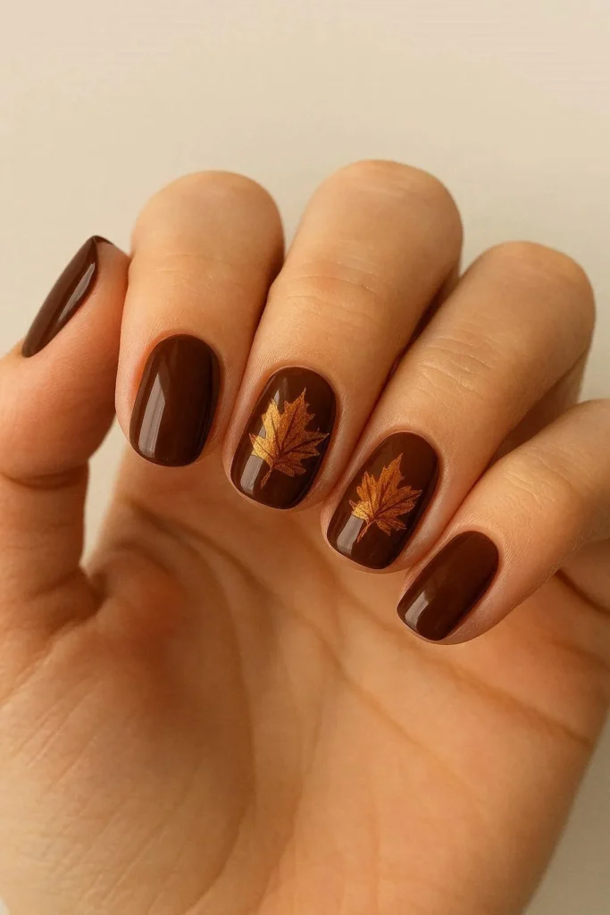 Chocolate brown maple leaf nails autumn forest inspired