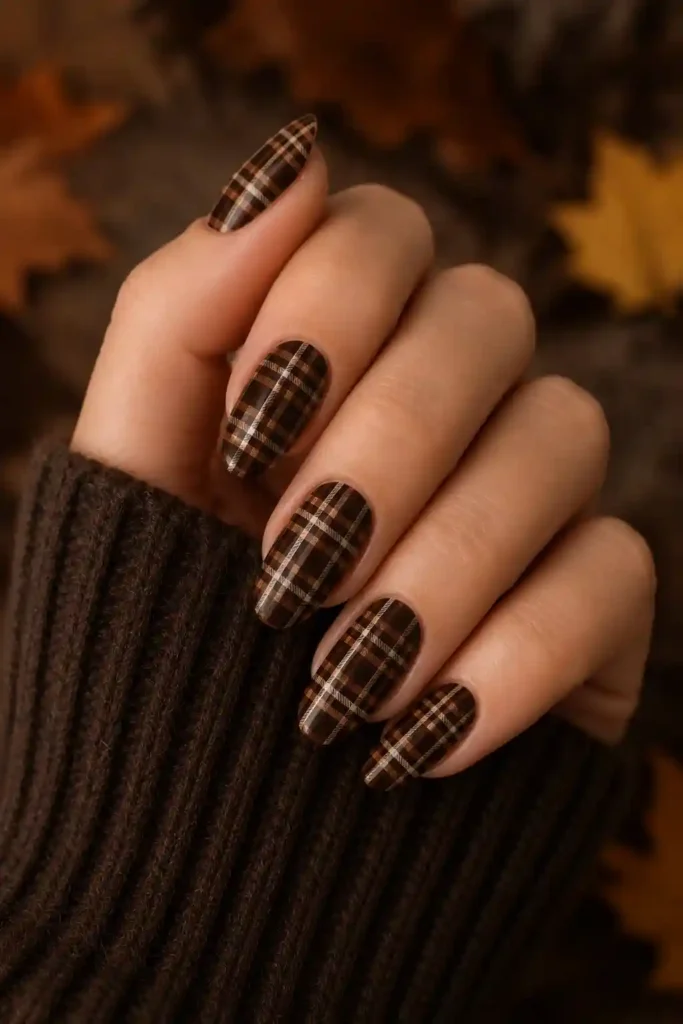 Deep chocolate brown plaid nails for rich fall manicure