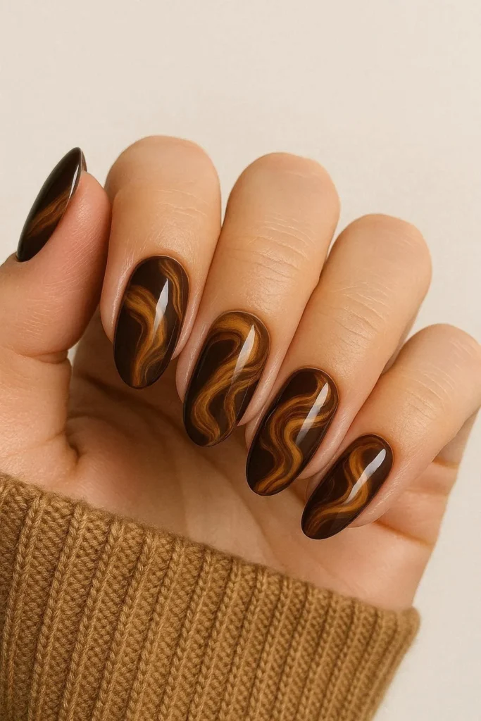 Chocolate caramel marble nails fall nail design