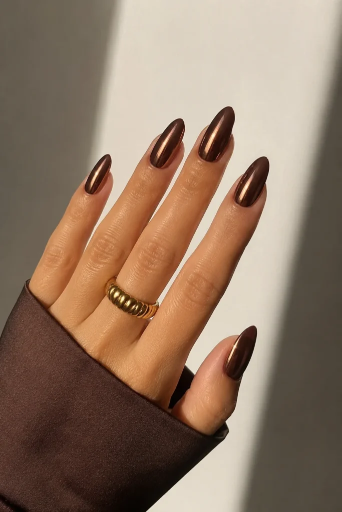 Chocolate chrome almond nails rich brown trendy luxe metallic finish