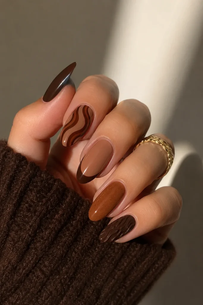 Dark chocolate and cinnamon nail art fall design