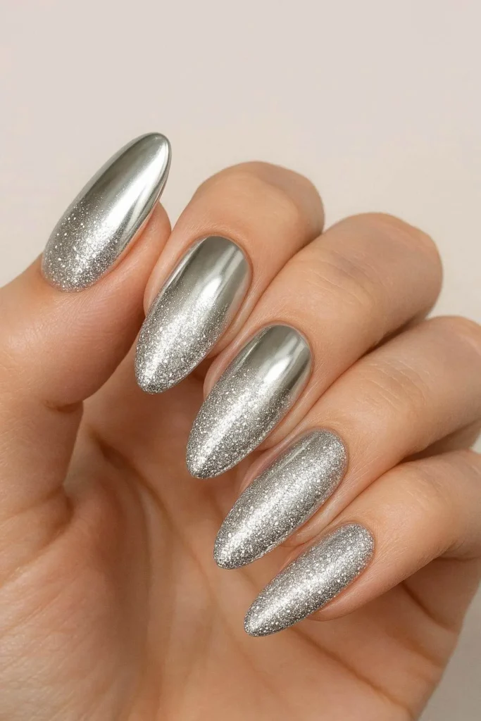 Chrome and glitter ombre nails with metallic shimmer blend