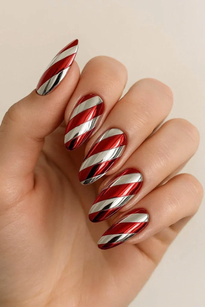 Modern chrome finish candy cane nails in red and white