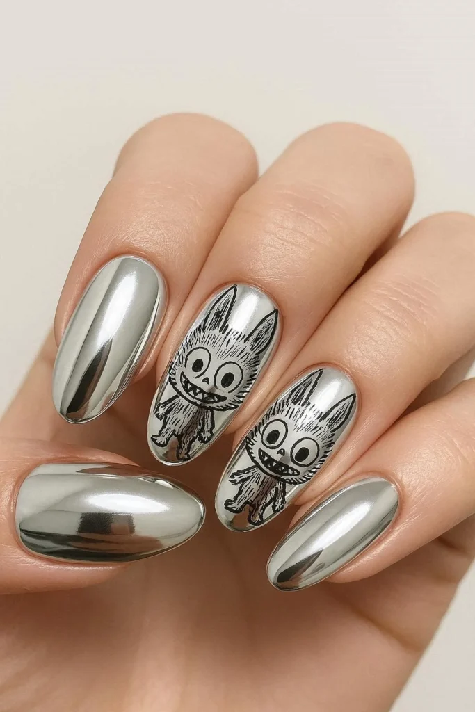 Chrome Labubu nails with mirror shine and cute character art