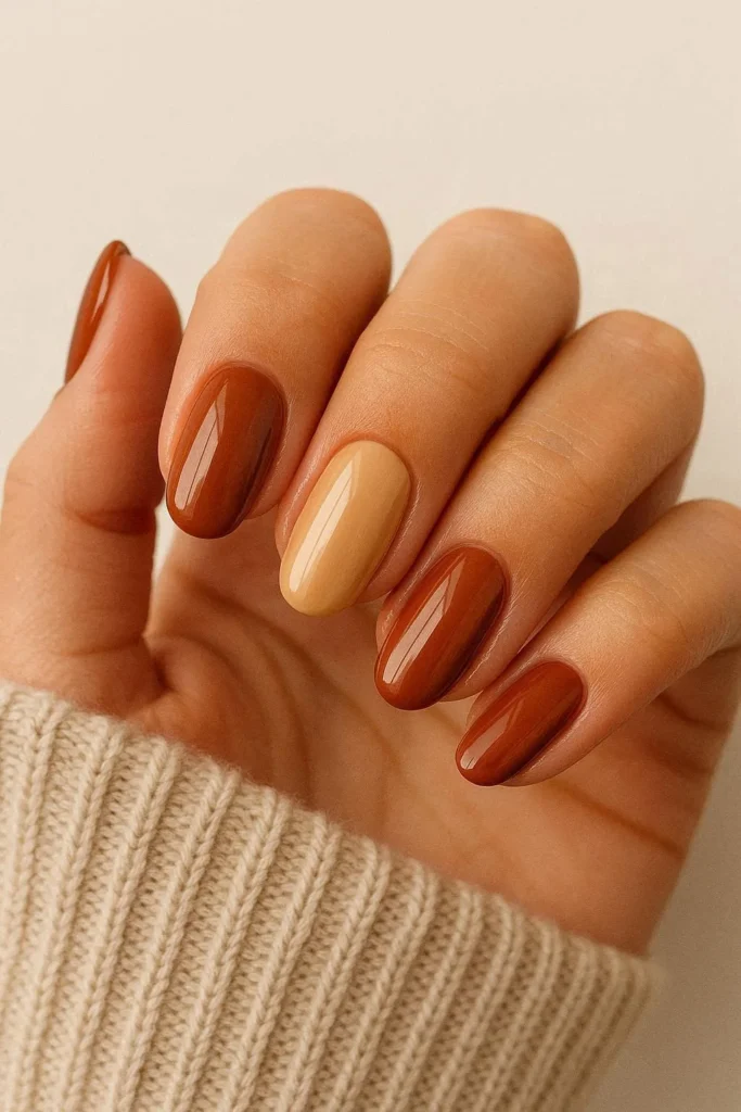 Cinnamon and caramel fall nail design warm tones