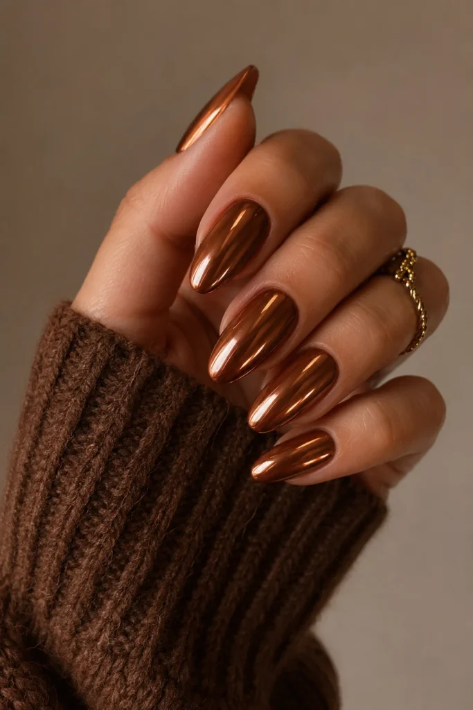 Cinnamon chrome nails reflective brown fall nail design