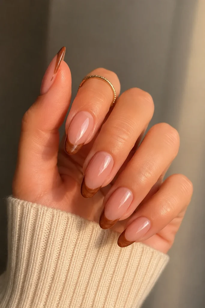 Cinnamon French tip nails with swirl pattern autumn