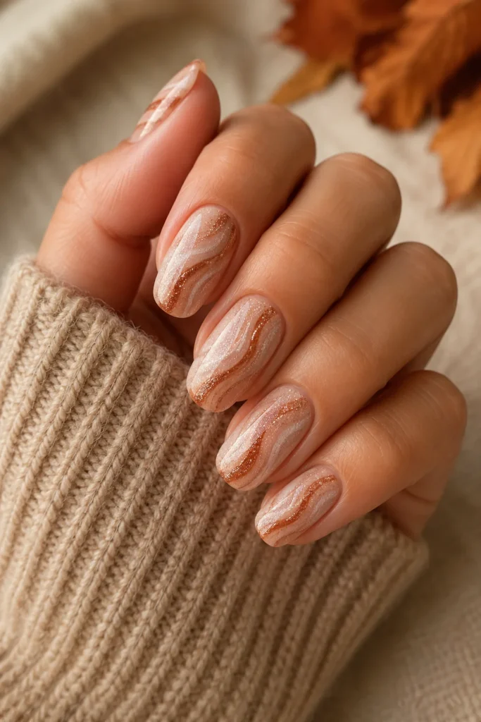 Cinnamon sugar nails beige brown shimmer swirl design
