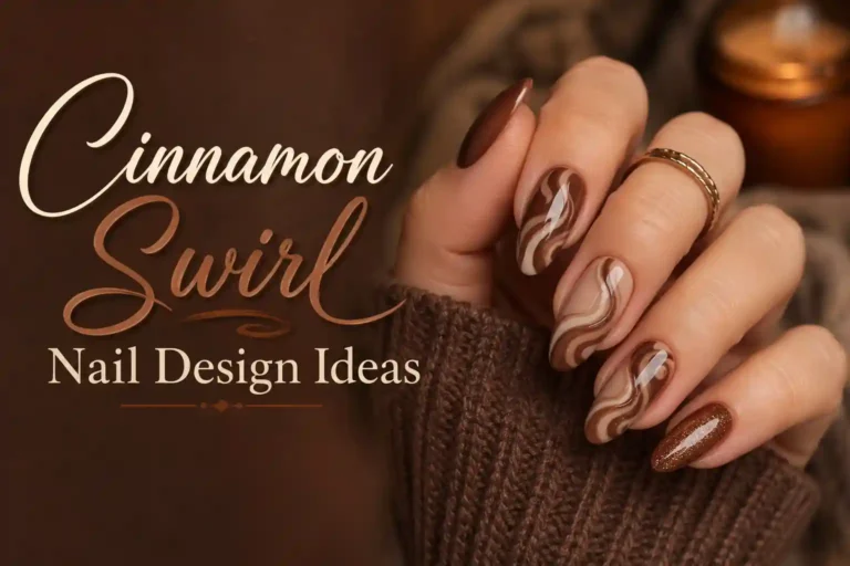 Elegant cinnamon swirl nail design ideas featuring cozy brown swirl nail art on glossy almond-shaped nails.