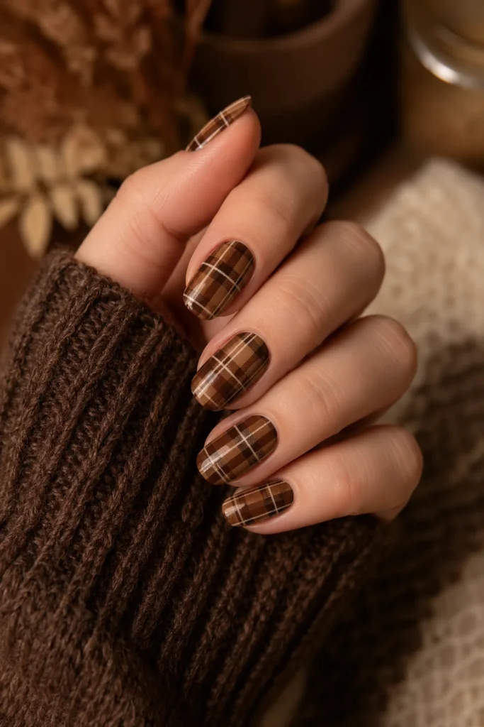 Classic brown plaid nails for cozy autumn manicure