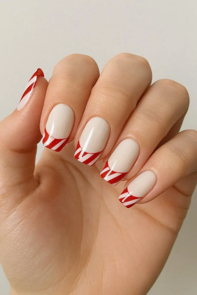 Classic red and white candy cane French tip nails glossy finish