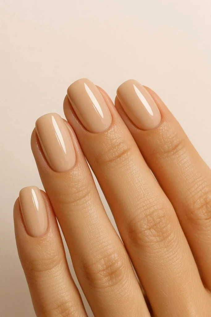 Classic glossy beige nails with smooth high-shine finish